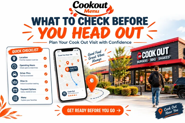 Cookout Near Me guide highlighting important checks before visiting, including restaurant hours, location details, menu availability, and travel planning tips.