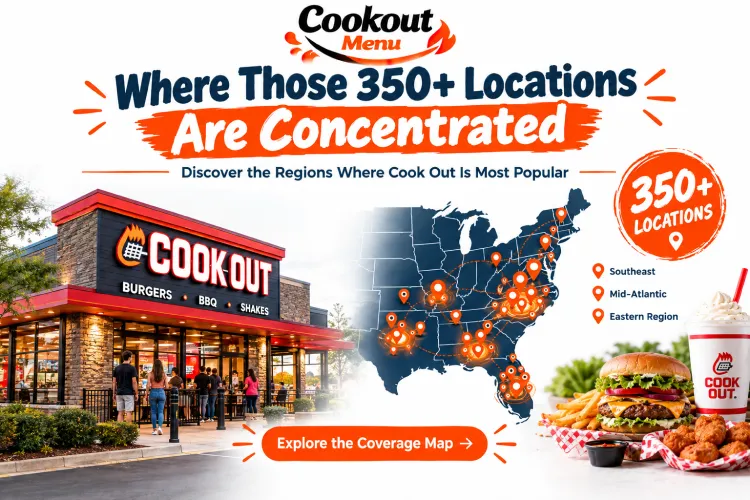How Many Cookout Locations map showing where 350+ Cook Out restaurants are concentrated across regions with location coverage and expansion details.